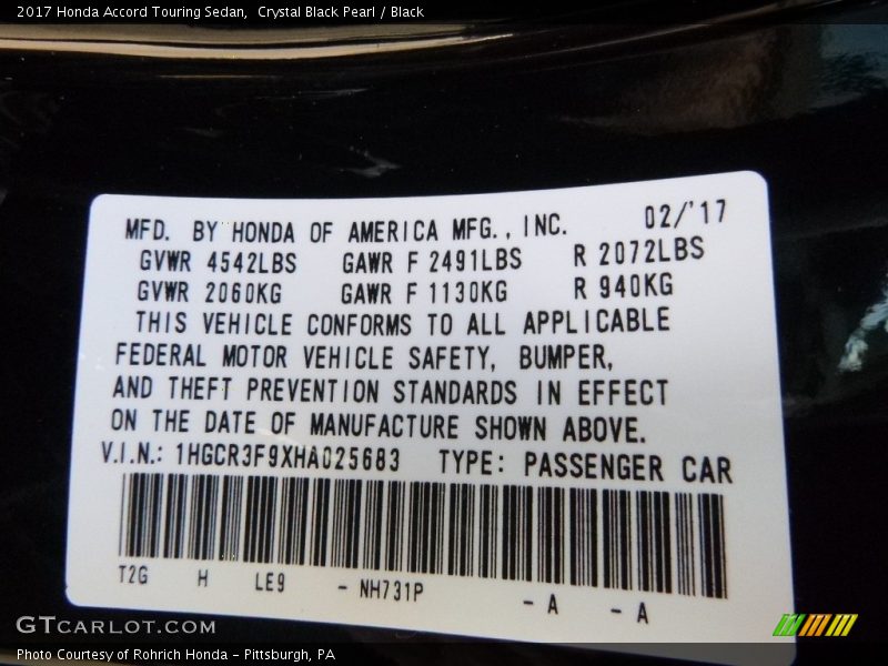 Crystal Black Pearl / Black 2017 Honda Accord Touring Sedan