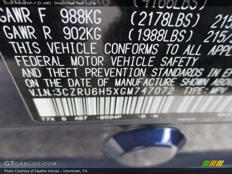 Deep Ocean Pearl / Gray 2016 Honda HR-V EX AWD