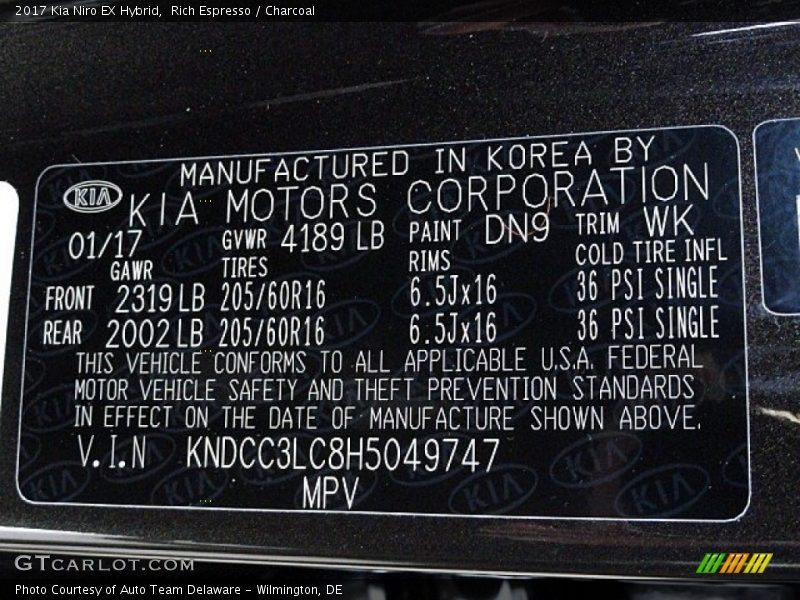 2017 Niro EX Hybrid Rich Espresso Color Code DN9