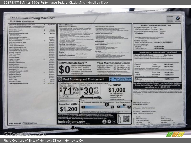  2017 3 Series 330e iPerfomance Sedan Window Sticker