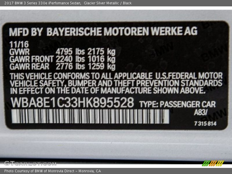 2017 3 Series 330e iPerfomance Sedan Glacier Silver Metallic Color Code A83