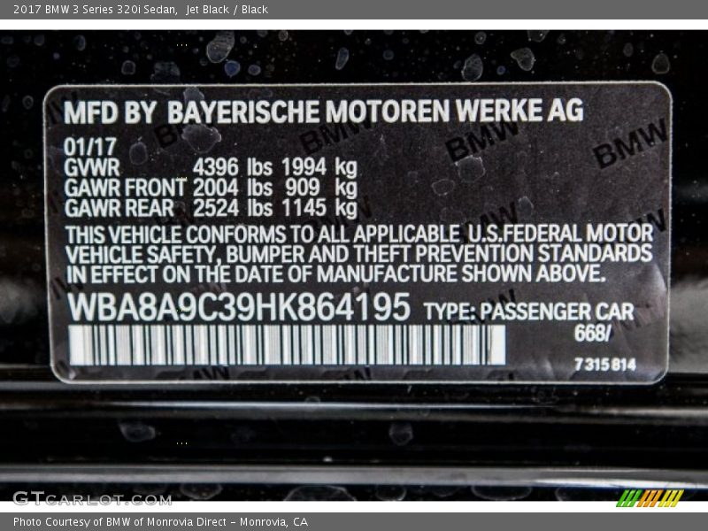 Jet Black / Black 2017 BMW 3 Series 320i Sedan