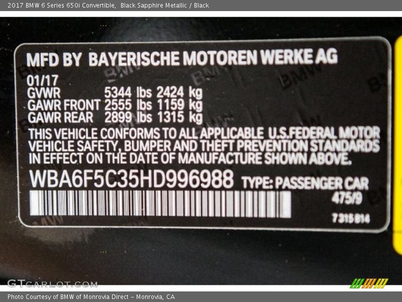 Black Sapphire Metallic / Black 2017 BMW 6 Series 650i Convertible
