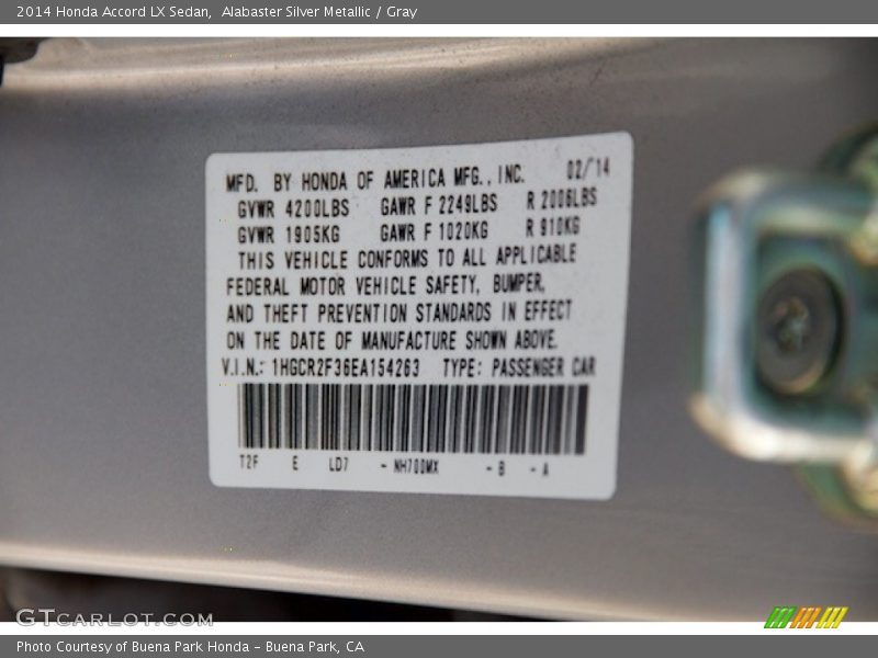Alabaster Silver Metallic / Gray 2014 Honda Accord LX Sedan