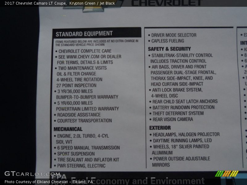  2017 Camaro LT Coupe Window Sticker