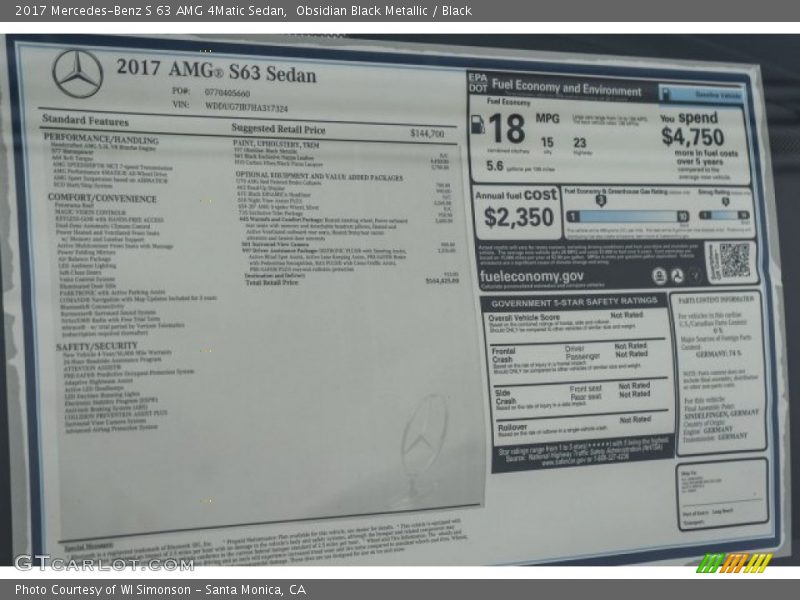  2017 S 63 AMG 4Matic Sedan Window Sticker