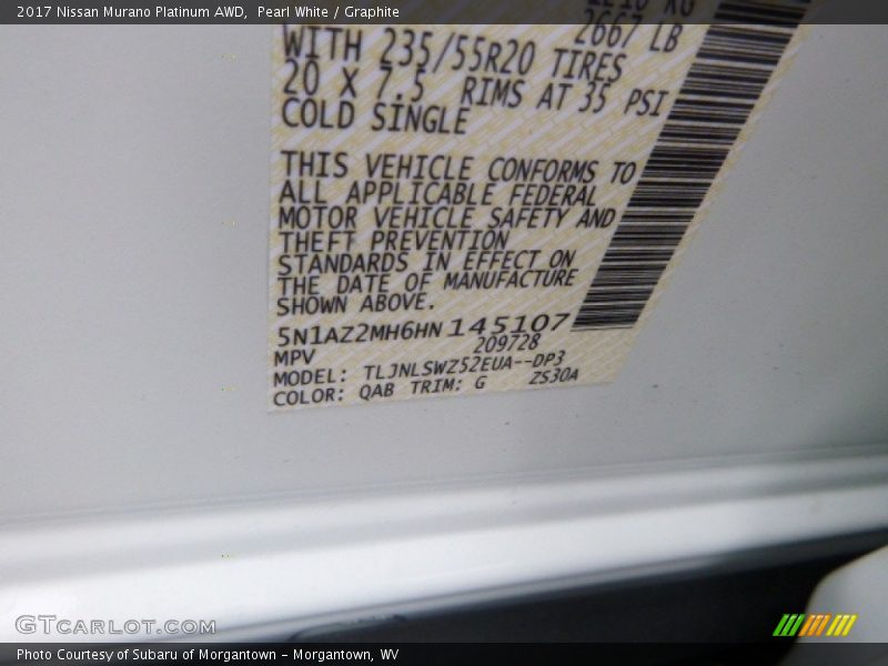 2017 Murano Platinum AWD Pearl White Color Code QAB