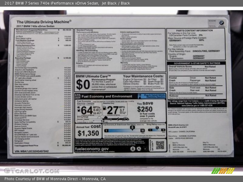  2017 7 Series 740e iPerformance xDrive Sedan Window Sticker