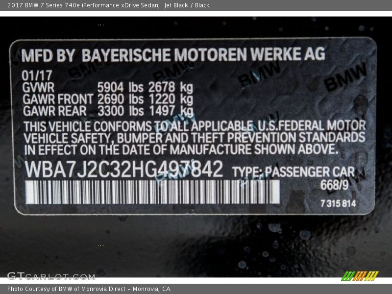 2017 7 Series 740e iPerformance xDrive Sedan Jet Black Color Code 668