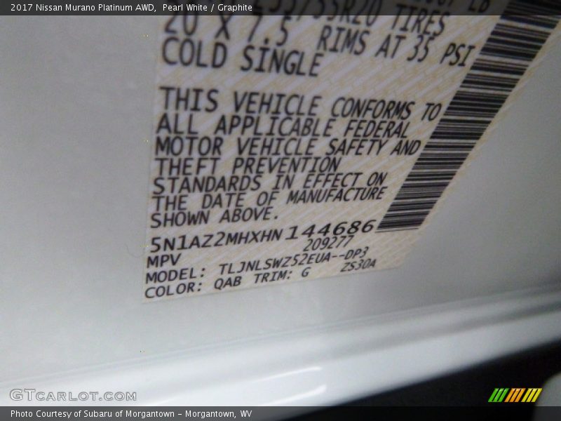 2017 Murano Platinum AWD Pearl White Color Code QAB