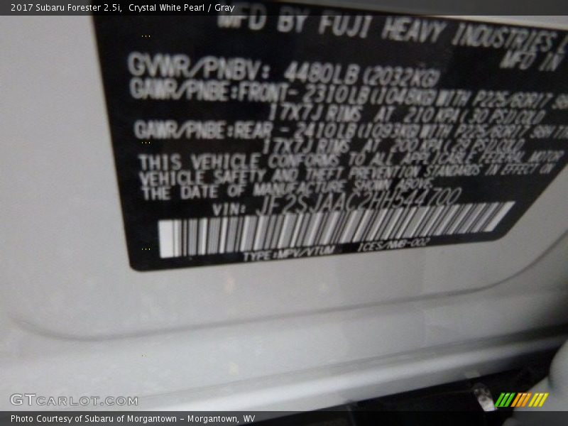 Crystal White Pearl / Gray 2017 Subaru Forester 2.5i