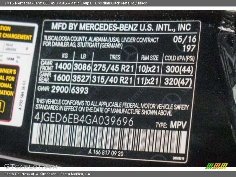 2016 GLE 450 AMG 4Matic Coupe Obsidian Black Metallic Color Code 197