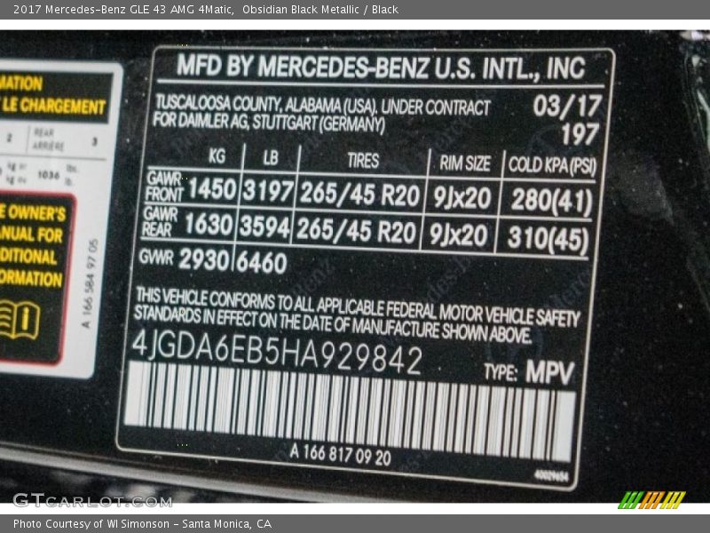 2017 GLE 43 AMG 4Matic Obsidian Black Metallic Color Code 197