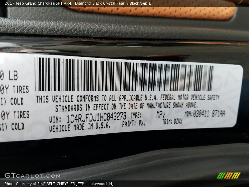 2017 Grand Cherokee SRT 4x4 Diamond Black Crystal Pearl Color Code PXJ