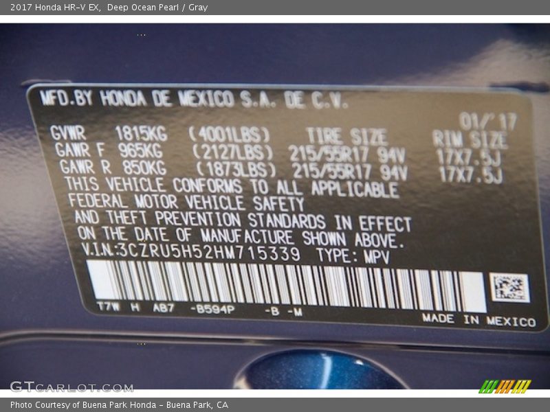 Deep Ocean Pearl / Gray 2017 Honda HR-V EX