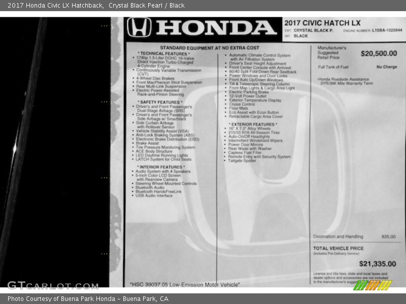 Crystal Black Pearl / Black 2017 Honda Civic LX Hatchback