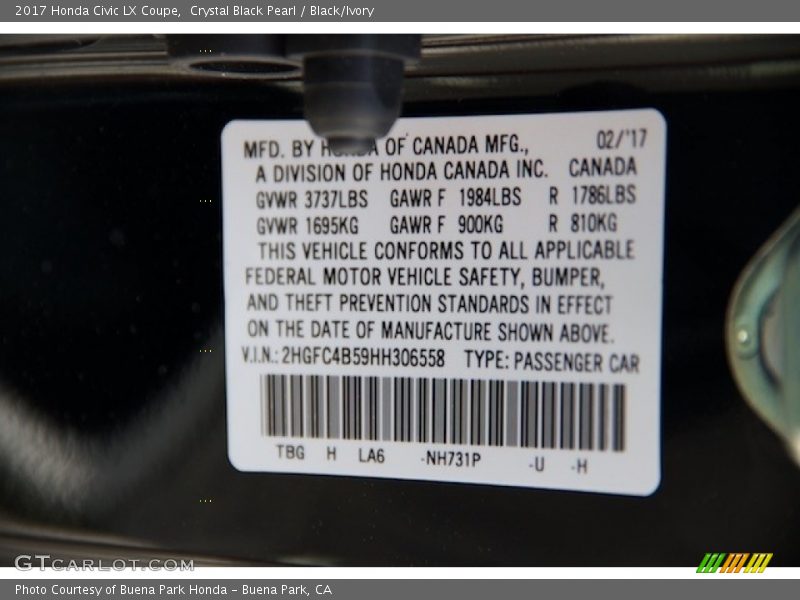 Crystal Black Pearl / Black/Ivory 2017 Honda Civic LX Coupe
