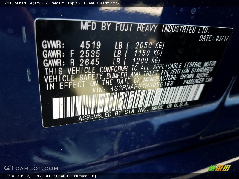 Lapis Blue Pearl / Warm Ivory 2017 Subaru Legacy 2.5i Premium