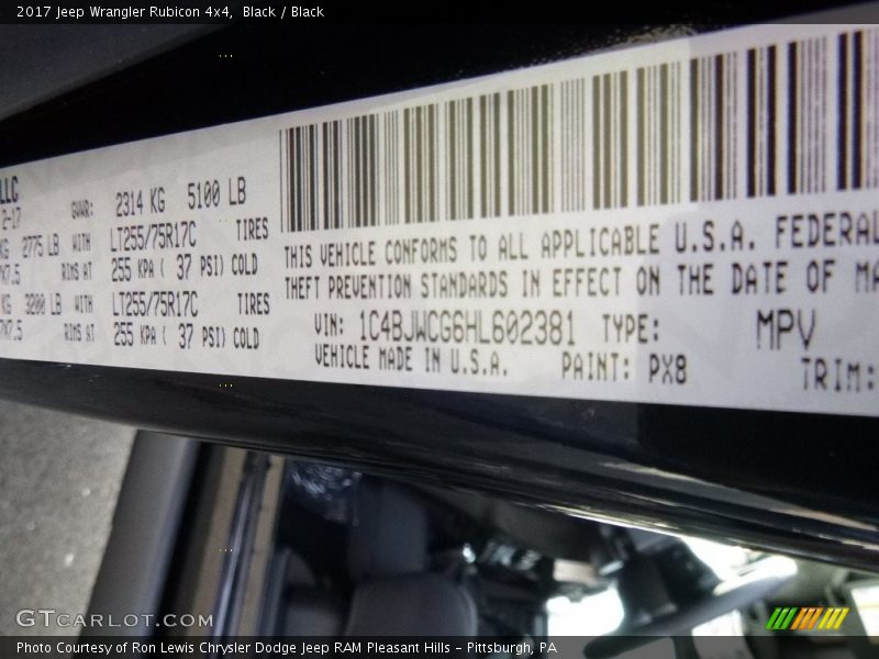 2017 Wrangler Rubicon 4x4 Black Color Code PX8
