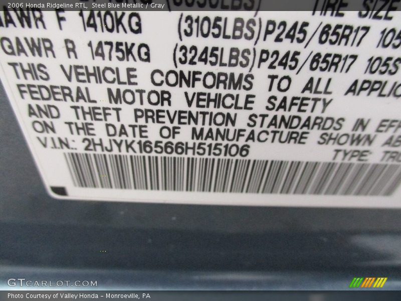 Steel Blue Metallic / Gray 2006 Honda Ridgeline RTL