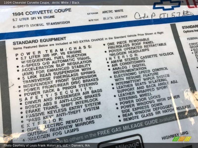  1994 Corvette Coupe Window Sticker