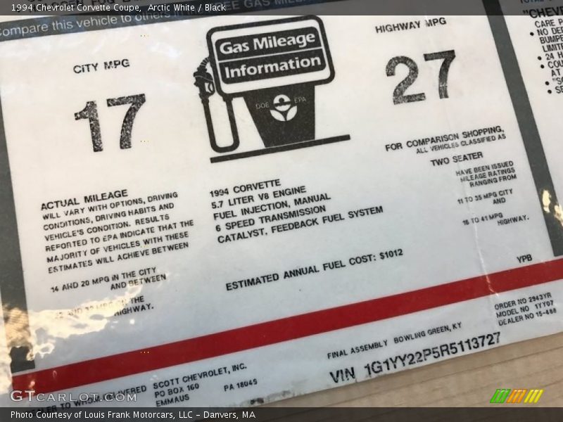  1994 Corvette Coupe Window Sticker