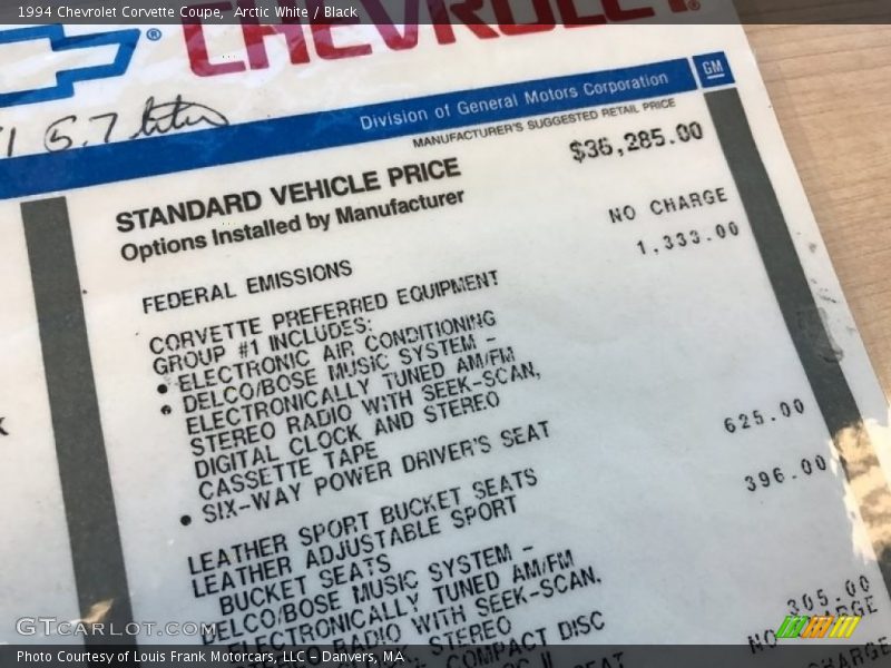  1994 Corvette Coupe Window Sticker