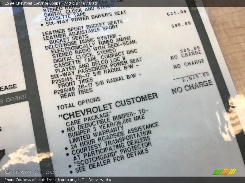  1994 Corvette Coupe Window Sticker