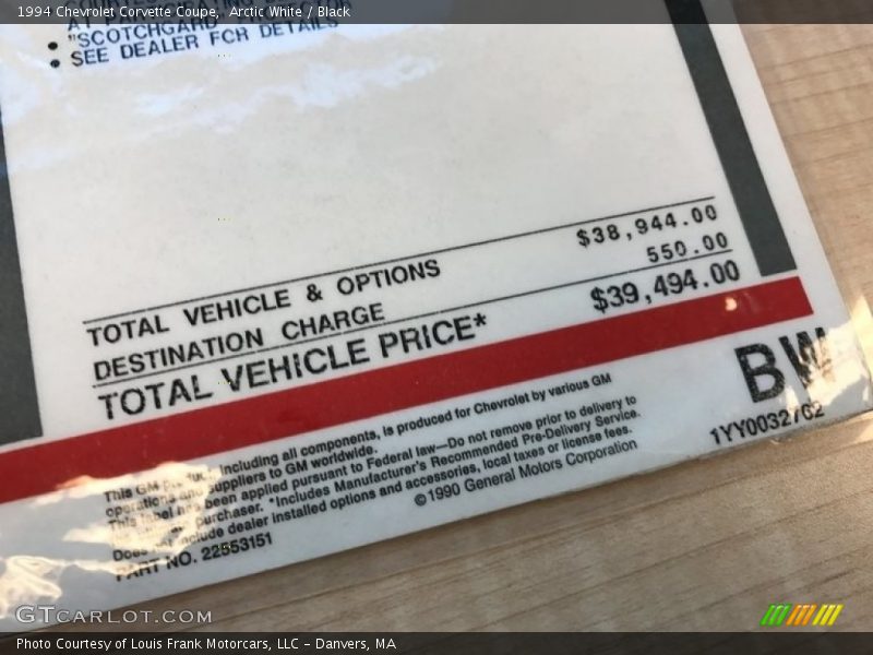  1994 Corvette Coupe Window Sticker