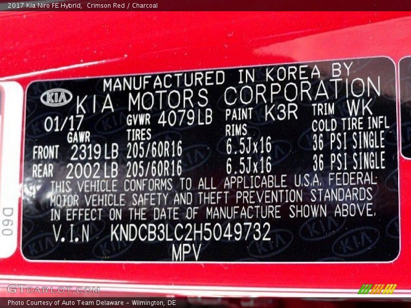 2017 Niro FE Hybrid Crimson Red Color Code K3R