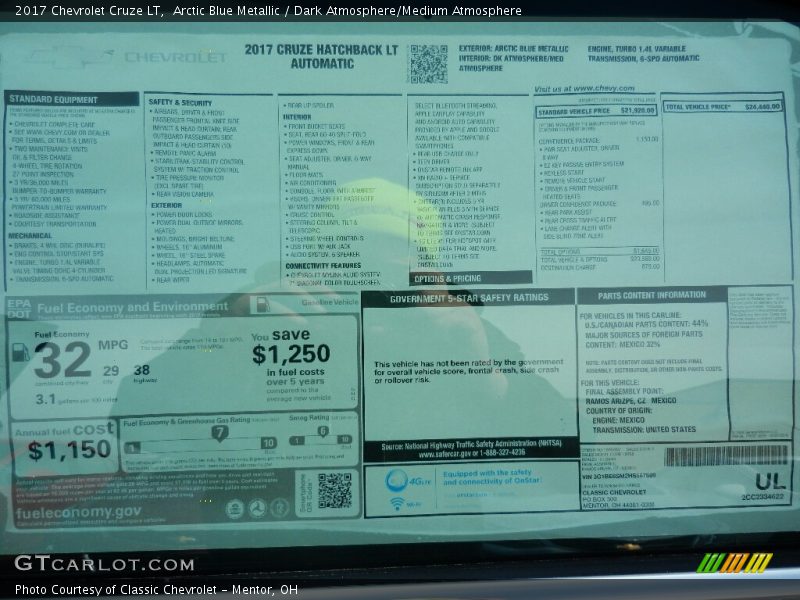 Arctic Blue Metallic / Dark Atmosphere/Medium Atmosphere 2017 Chevrolet Cruze LT