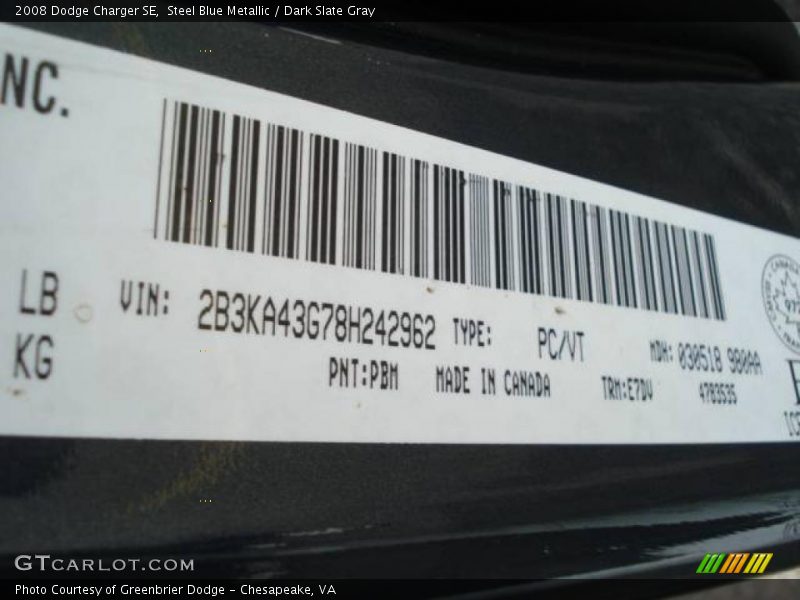 Steel Blue Metallic / Dark Slate Gray 2008 Dodge Charger SE