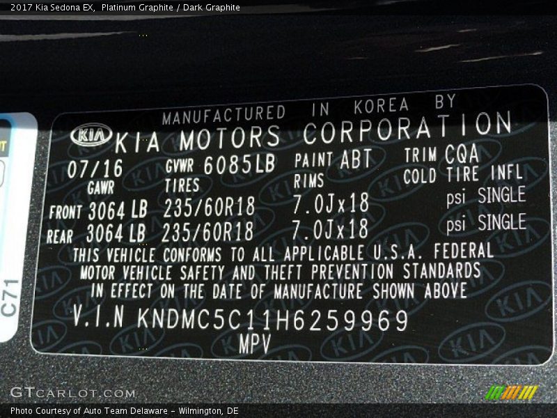 2017 Sedona EX Platinum Graphite Color Code ABT