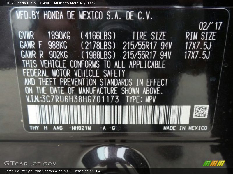 Mulberry Metallic / Black 2017 Honda HR-V LX AWD