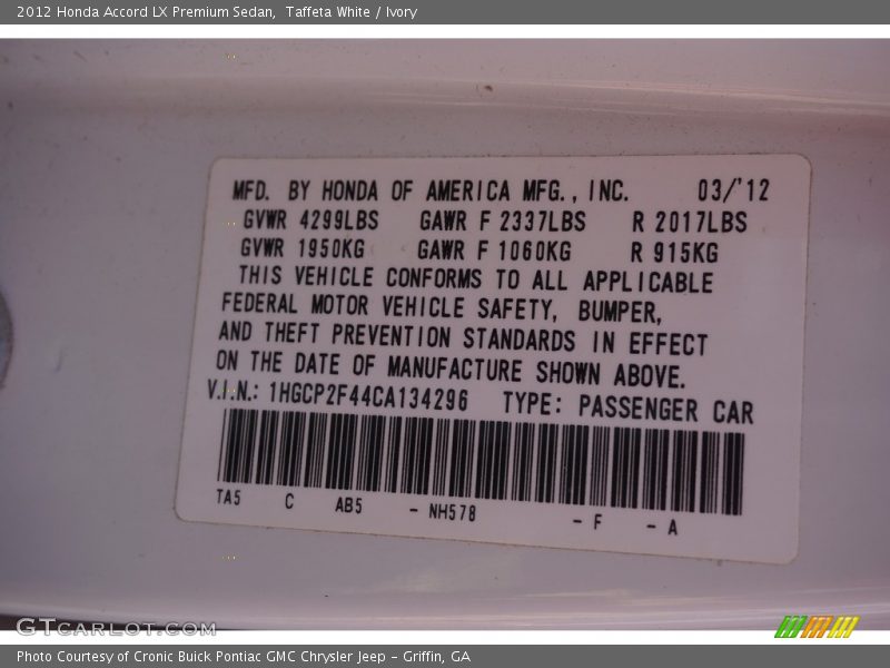 Taffeta White / Ivory 2012 Honda Accord LX Premium Sedan