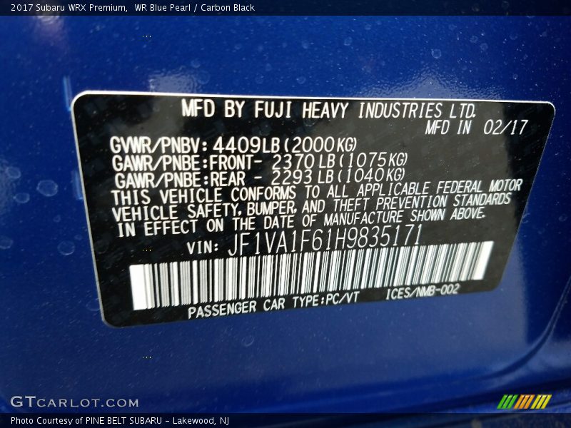 WR Blue Pearl / Carbon Black 2017 Subaru WRX Premium