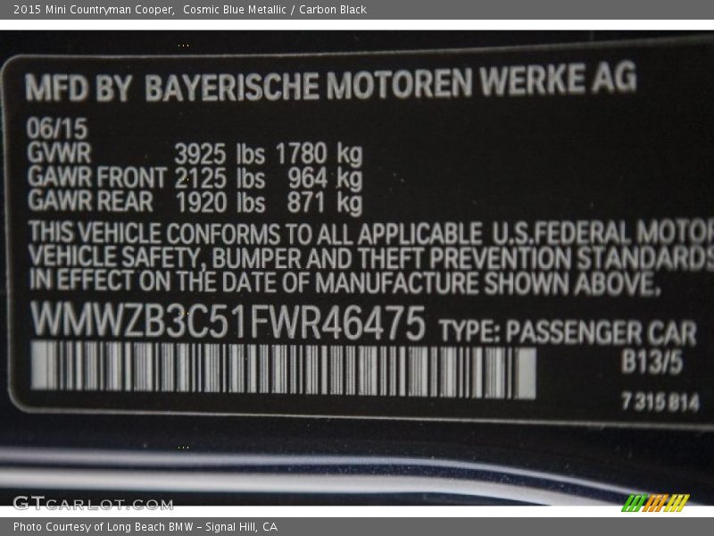 Cosmic Blue Metallic / Carbon Black 2015 Mini Countryman Cooper