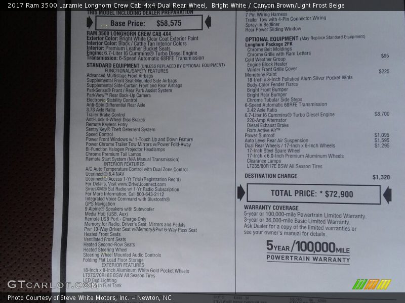 Bright White / Canyon Brown/Light Frost Beige 2017 Ram 3500 Laramie Longhorn Crew Cab 4x4 Dual Rear Wheel
