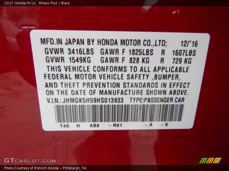 Milano Red / Black 2017 Honda Fit LX