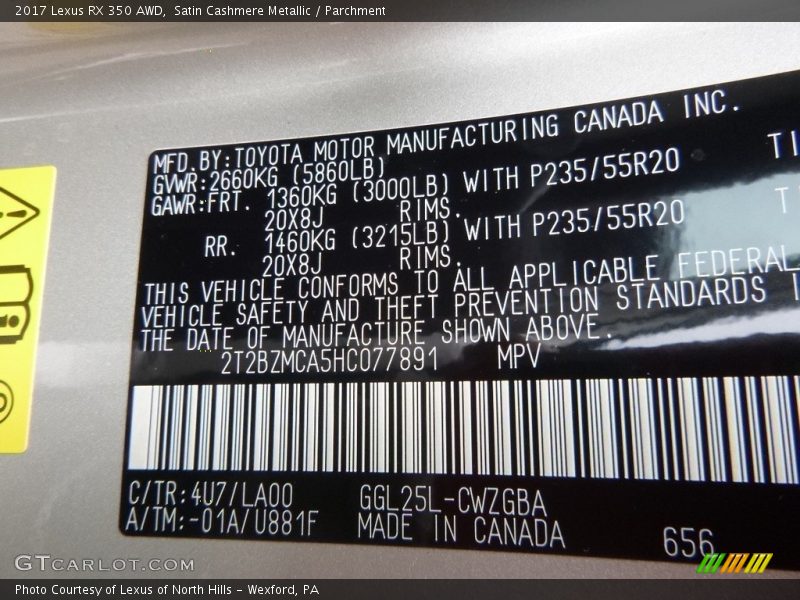 Satin Cashmere Metallic / Parchment 2017 Lexus RX 350 AWD