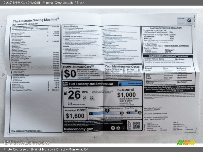 Mineral Grey Metallic / Black 2017 BMW X1 sDrive28i