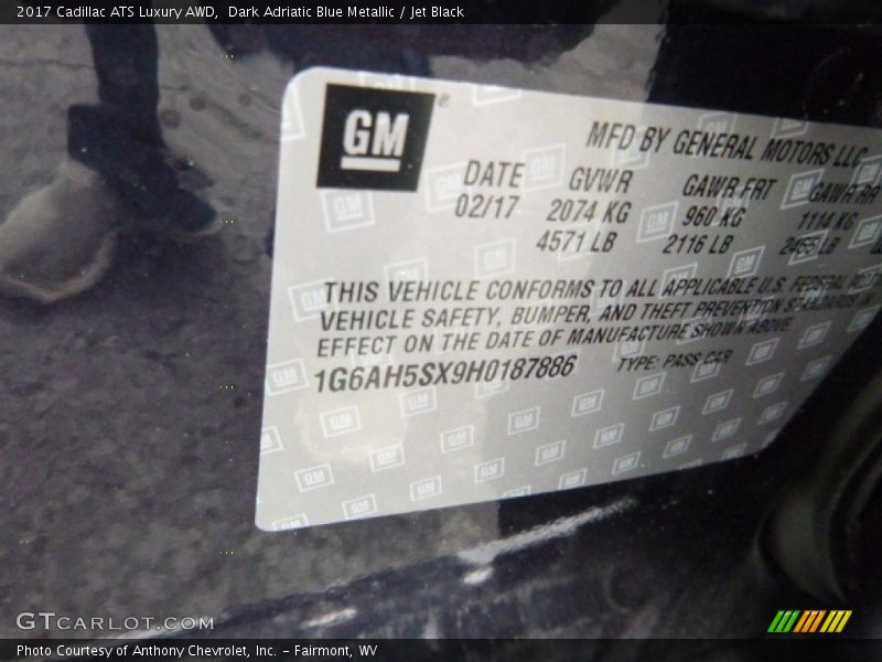 Dark Adriatic Blue Metallic / Jet Black 2017 Cadillac ATS Luxury AWD