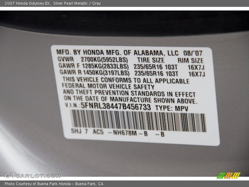 Silver Pearl Metallic / Gray 2007 Honda Odyssey EX