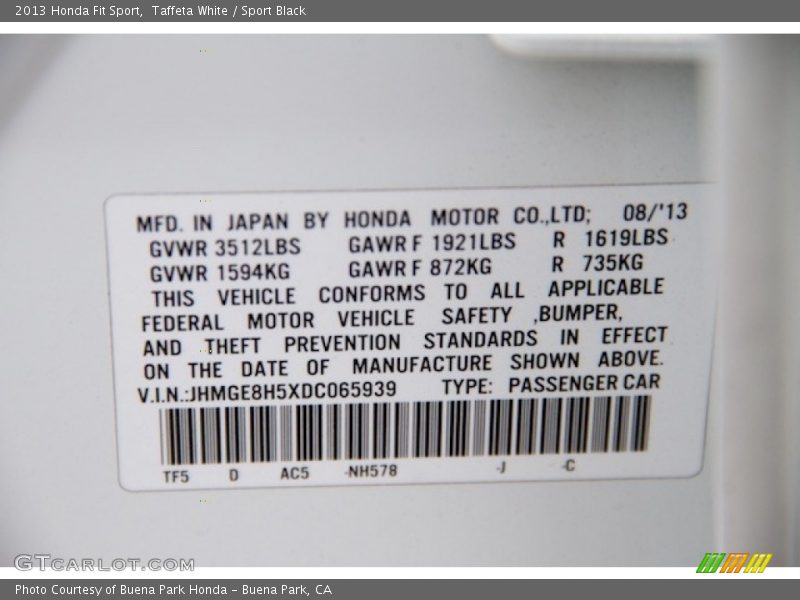 Taffeta White / Sport Black 2013 Honda Fit Sport