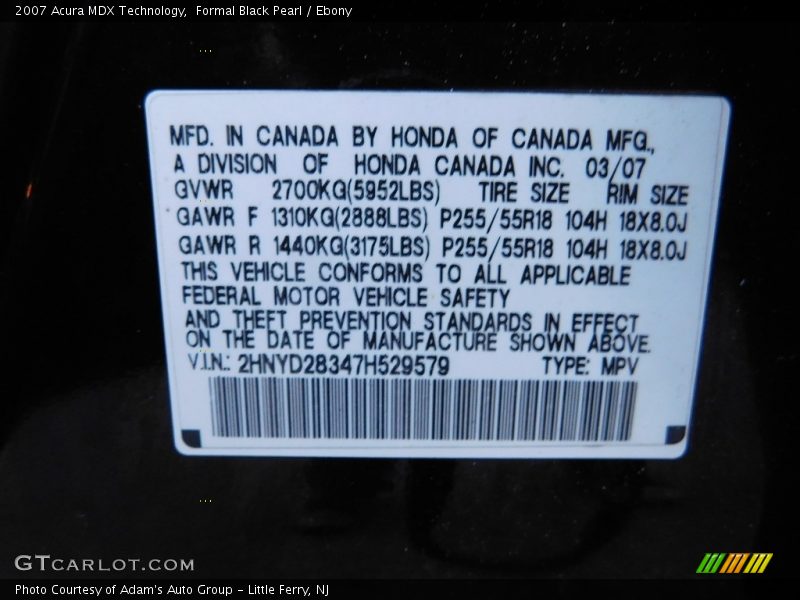Formal Black Pearl / Ebony 2007 Acura MDX Technology