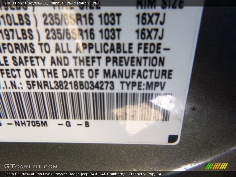 Nimbus Gray Metallic / Gray 2008 Honda Odyssey LX