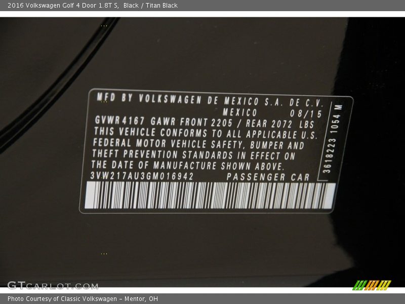 Black / Titan Black 2016 Volkswagen Golf 4 Door 1.8T S