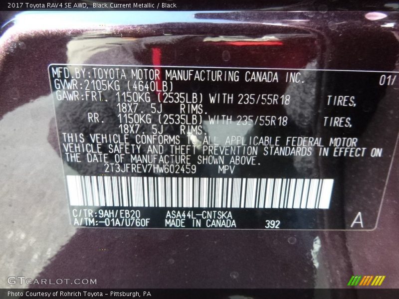 2017 RAV4 SE AWD Black Current Metallic Color Code 9AH