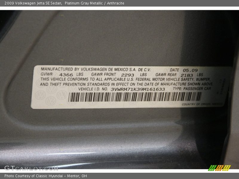 Platinum Gray Metallic / Anthracite 2009 Volkswagen Jetta SE Sedan