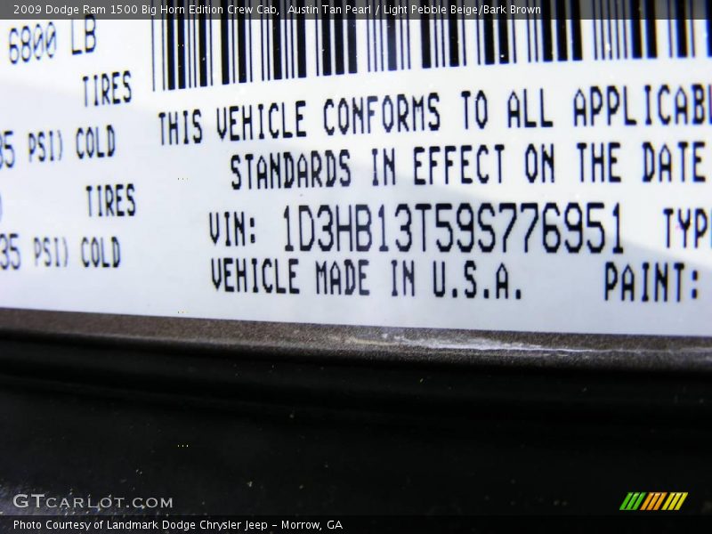 Austin Tan Pearl / Light Pebble Beige/Bark Brown 2009 Dodge Ram 1500 Big Horn Edition Crew Cab